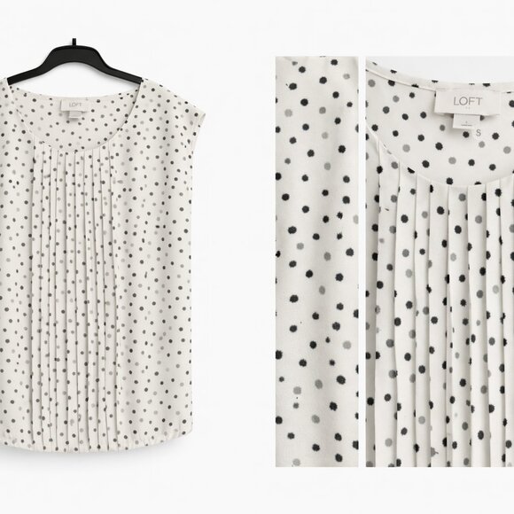 LOFT Polka Dot Blouse Size S | Black Cream Pleated Front Flowy Top Chic - Picture 2 of 6